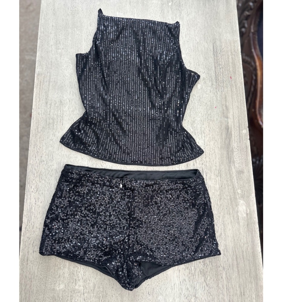 SHEIN Black Sequin 2 Piece Set High Neck Top and Shorts Size S 4 sz2411212916117